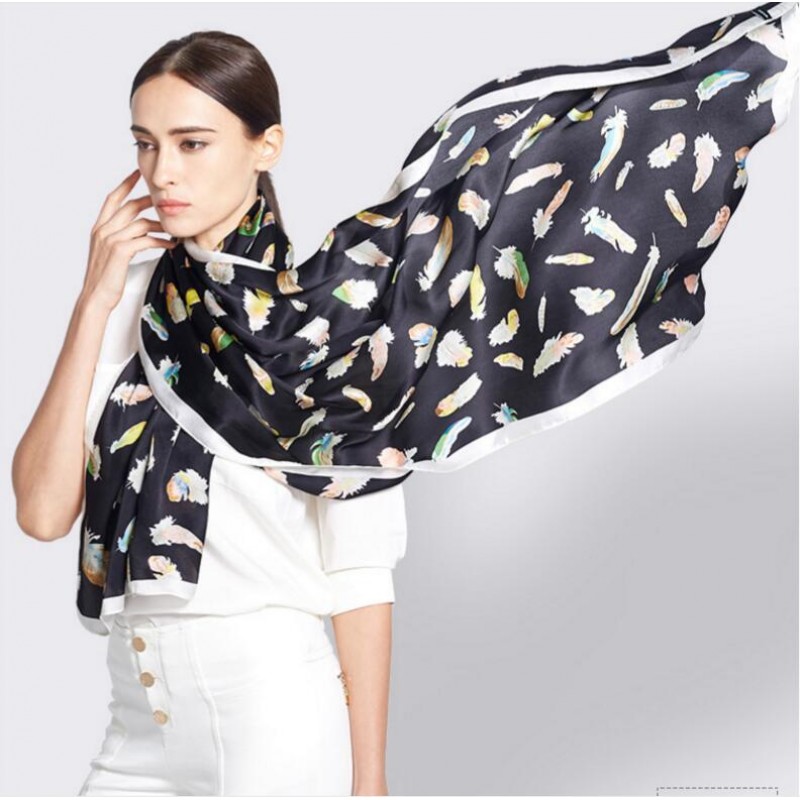 Pure Silk Scarf White Print Women Summer Scarf